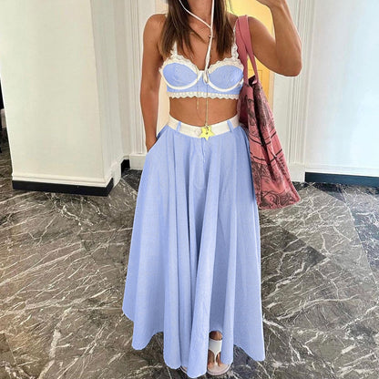 Lace Splicing Sling Vest High Waist Big Swing Skirt Two-piece Set