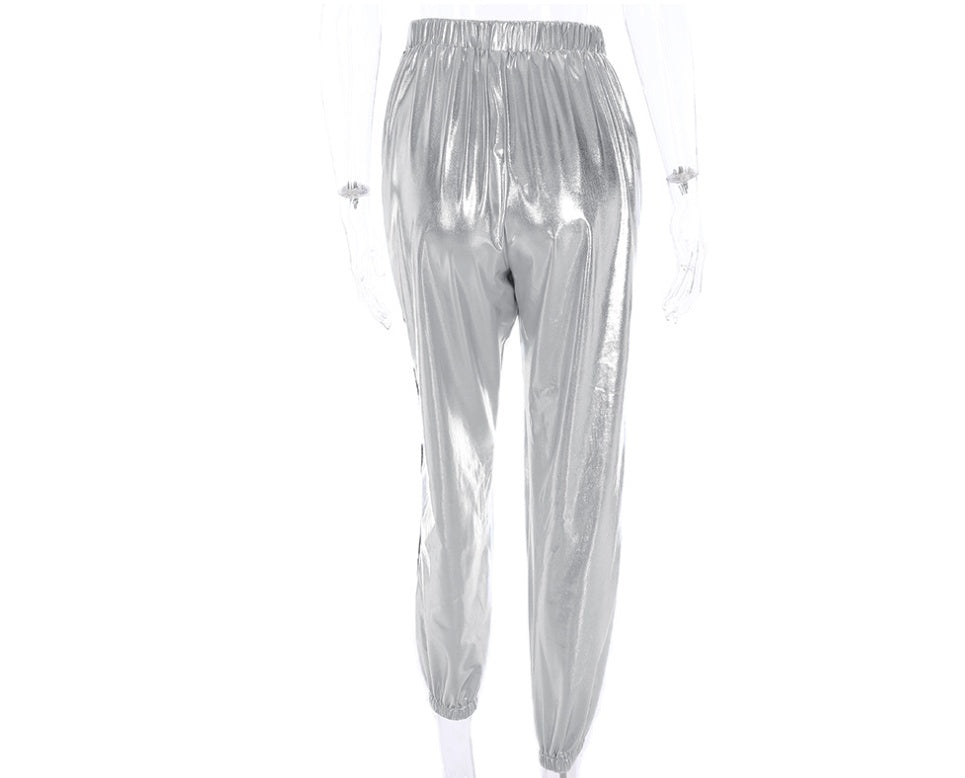 Waatfaak Striped Pants Female Pocket Fashion Solid Silver Full Length Streetwear Loose Harem Pants High Waist Stretch Trousers