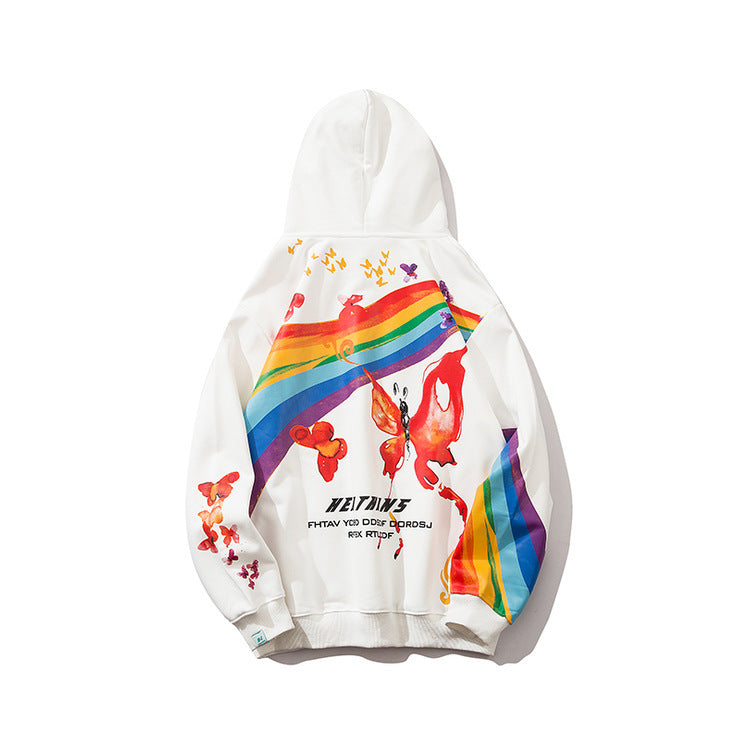 Hip Hop Rainbow Mens Streetwear Hoodie Sweatshirt Butterfly Print Pullover Cotton Casual Hooded Sweatshir Hipster Colorful