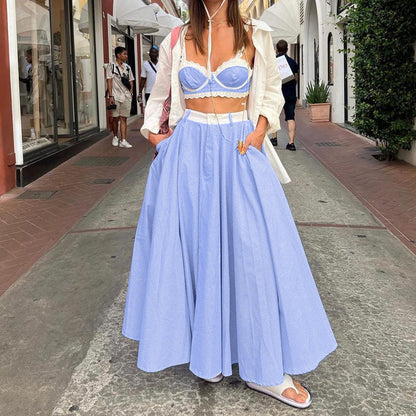 Lace Splicing Sling Vest High Waist Big Swing Skirt Two-piece Set