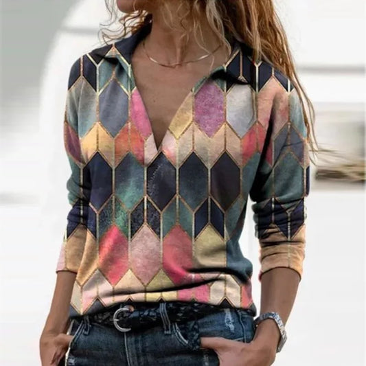 Retro print long-sleeved v-neck urban casual pullover top