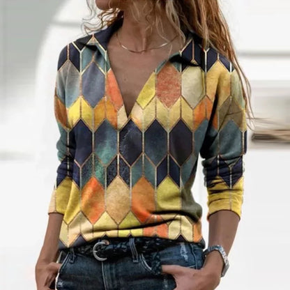 Retro print long-sleeved v-neck urban casual pullover top