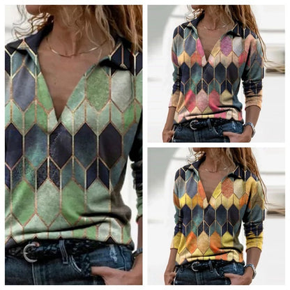 Retro print long-sleeved v-neck urban casual pullover top