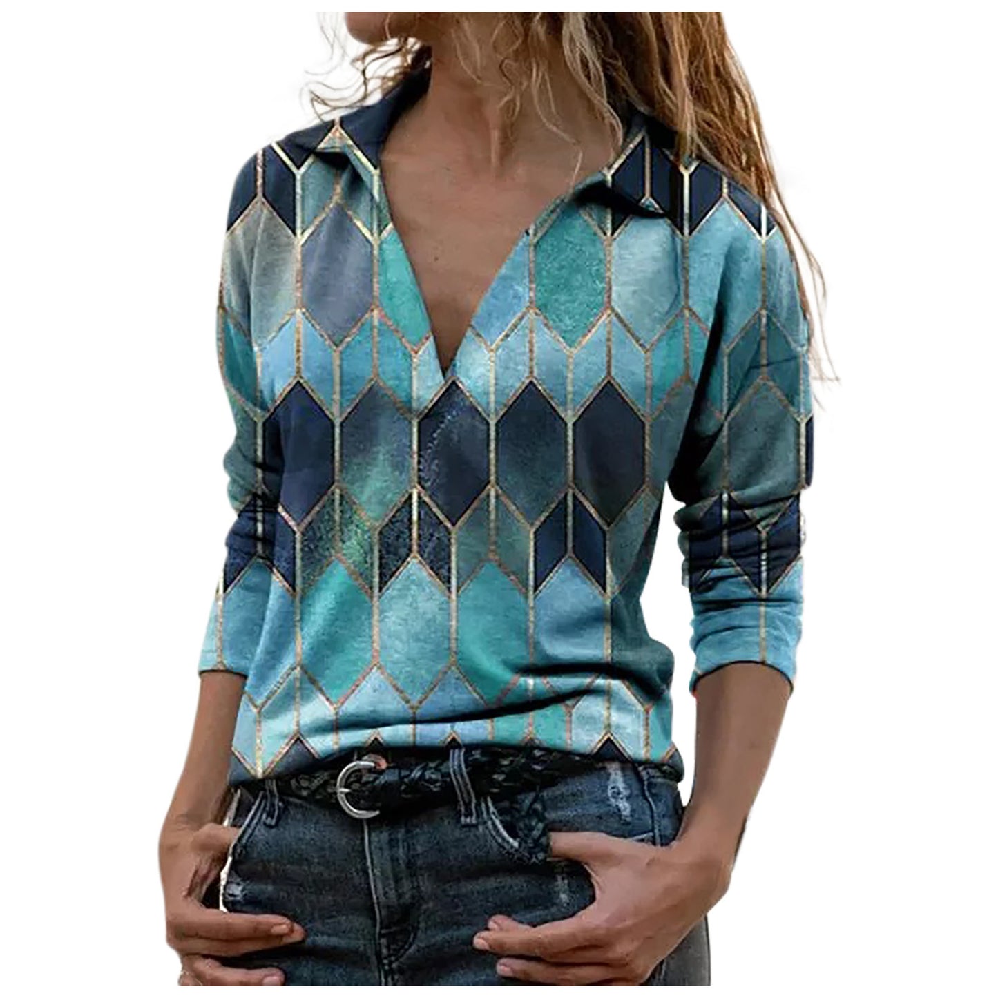 Retro print long-sleeved v-neck urban casual pullover top