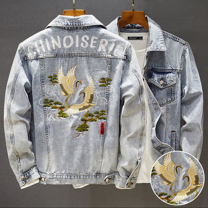 New Embroidered Jacket Tooling Denim Jacket Male Student Streetwear Coat