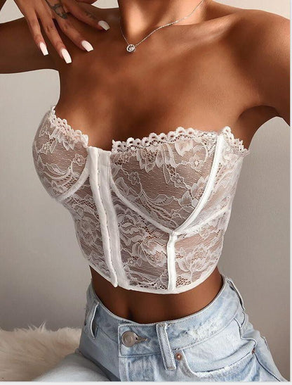 Kliou Floral Dentelle Sexy Dos Nu Hauts Corset Femmes Mode Streetwear Slim Party Clubwear Sans Manches Slim Femme Reservoirs