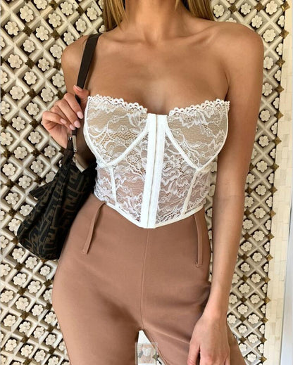 Kliou Floral Dentelle Sexy Dos Nu Hauts Corset Femmes Mode Streetwear Slim Party Clubwear Sans Manches Slim Femme Reservoirs