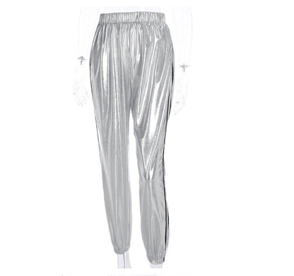 Waatfaak Striped Pants Female Pocket Fashion Solid Silver Full Length Streetwear Loose Harem Pants High Waist Stretch Trousers