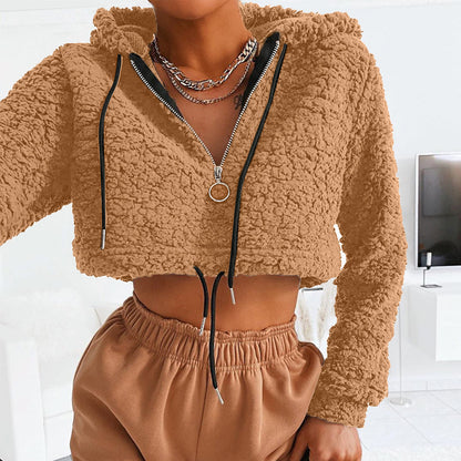 Hoodie Lambswool Teddy Faux Fur Sweatshirt Long Sleeve Zip Up Crop Top Women Winter Fall Clothes Cute Streetwear