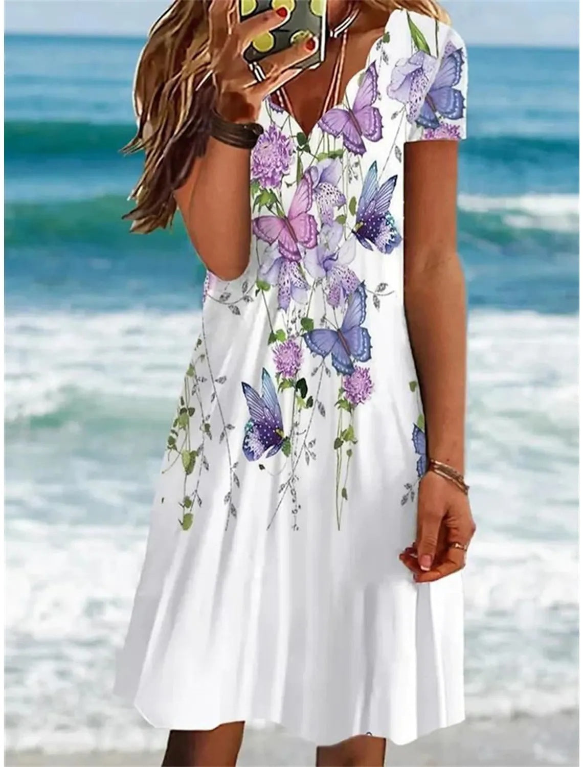 Women's Flower Plain Printed V-neck Casual Dress