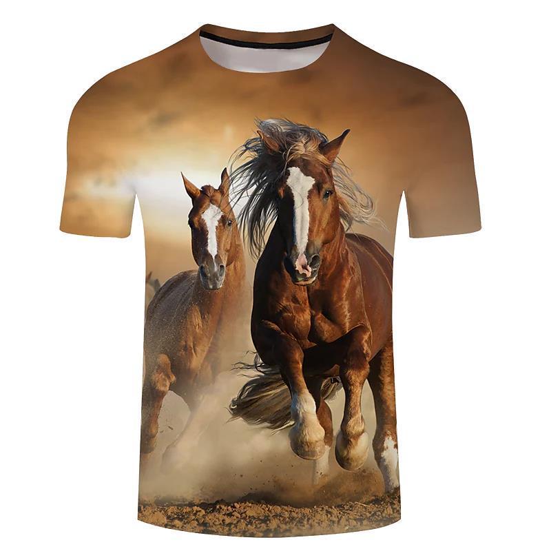 Men's 3d Horse Printed T-shirt Riding Crew Neck Short Sleeve Streetwear Hip Hop Trend