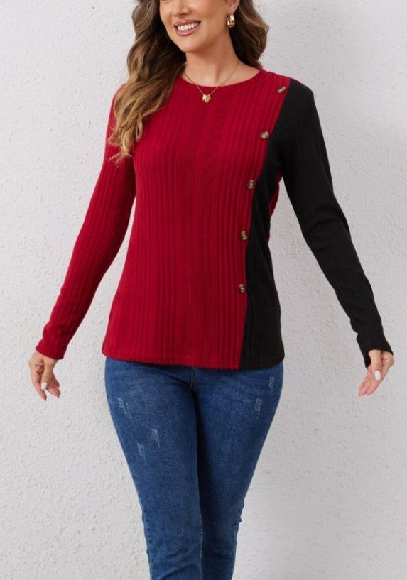 Solid Color Round Neck Sunken Stripe Brushed Contrast Color Fashion Buttons