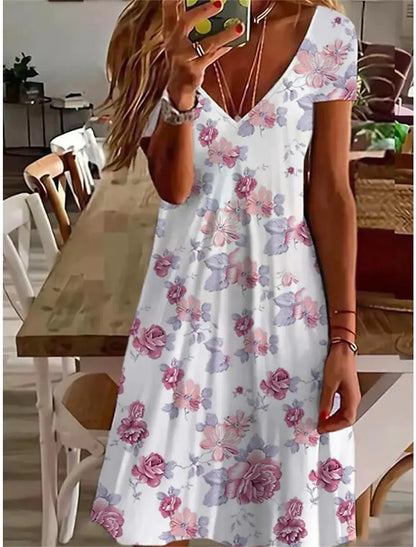 Women's Flower Plain Printed V-neck Casual Dress