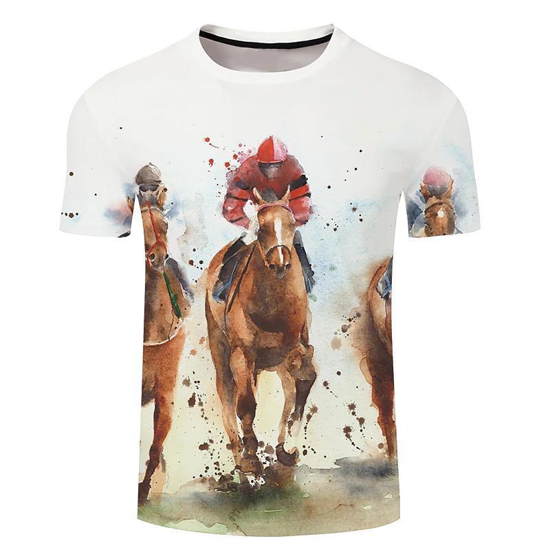 Men's 3d Horse Printed T-shirt Riding Crew Neck Short Sleeve Streetwear Hip Hop Trend