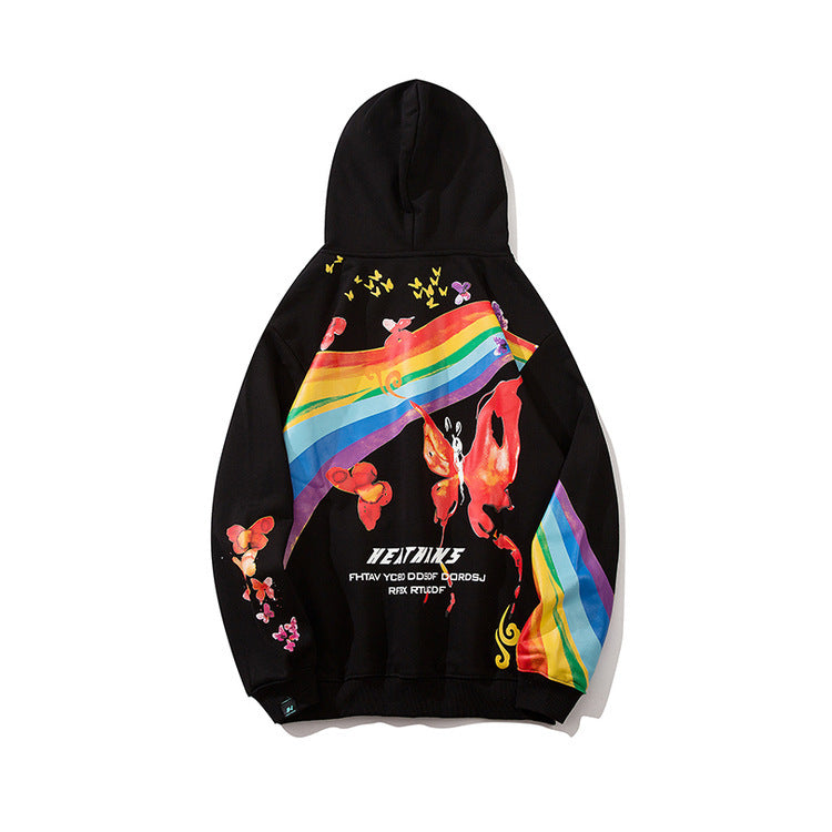 Hip Hop Rainbow Mens Streetwear Hoodie Sweatshirt Butterfly Print Pullover Cotton Casual Hooded Sweatshir Hipster Colorful