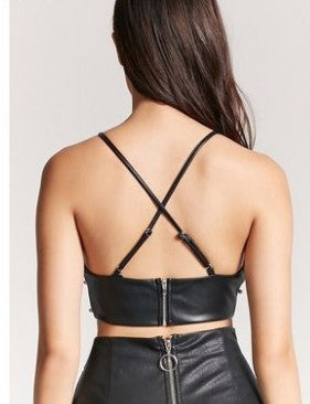 Simplee Pu leather pearl crop top women Strap backless camisoles tanks Summer style streetwear cropped sexy top female