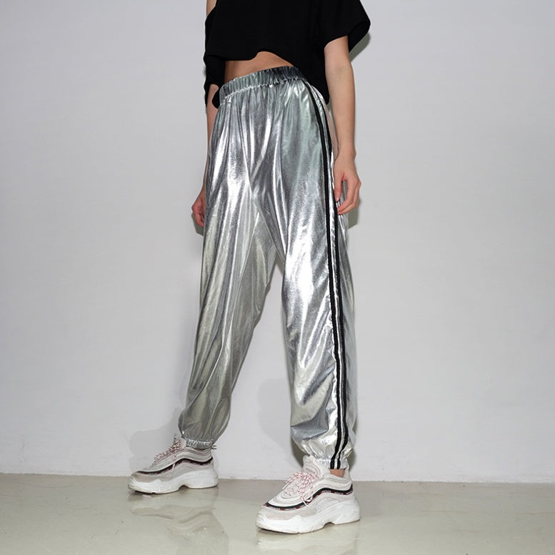 Waatfaak Striped Pants Female Pocket Fashion Solid Silver Full Length Streetwear Loose Harem Pants High Waist Stretch Trousers