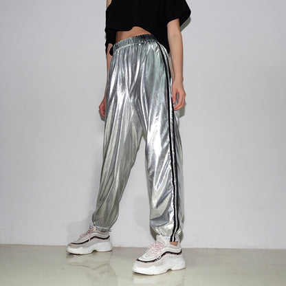 Waatfaak Striped Pants Female Pocket Fashion Solid Silver Full Length Streetwear Loose Harem Pants High Waist Stretch Trousers