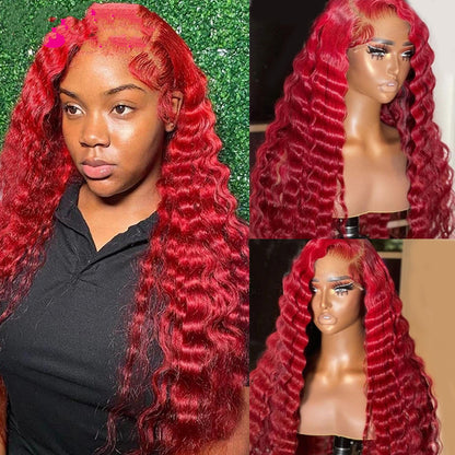 Red Deep Wave Human Hair Wig Real Headgear