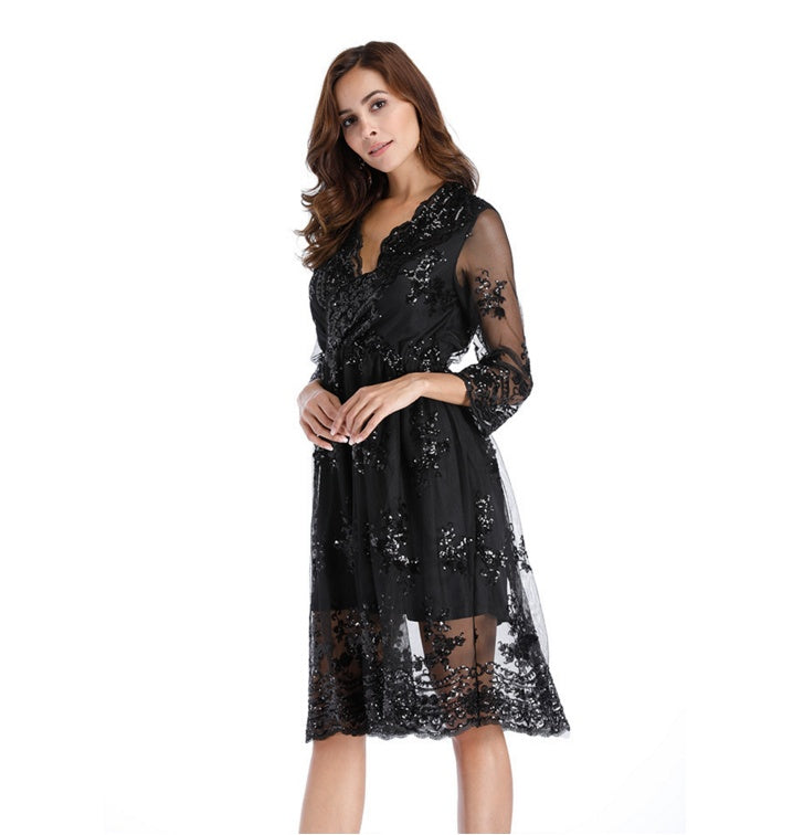 Simplee V long neck party dresses women sexy mesh streetwear Christmas MIDI dress female autumn dress