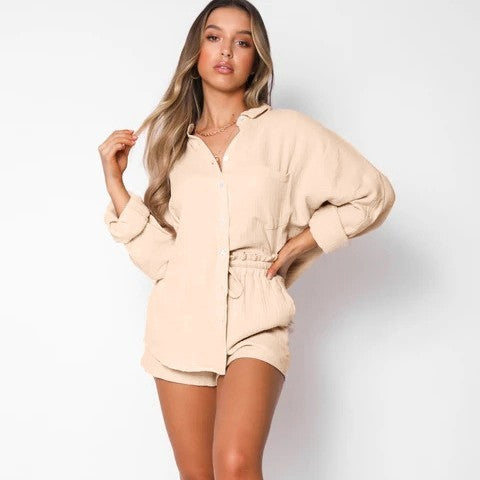 Pure Color Slimming Urban Leisure Long Sleeve Shorts Suit