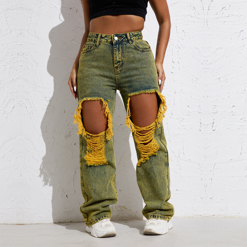 Shascullfites Melody Yellow Wash Streetwear Split Loose Straight Jeans Y2K Ripped Retro Women Denim Pants