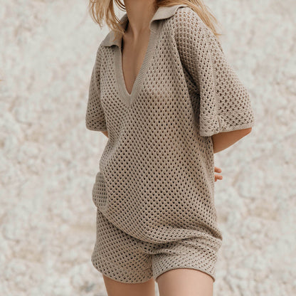 V-neck Casual Women's Hollow Short Sleeve Shorts Suit