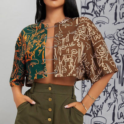 Collision Elements Print Sexy Navel Streetwear Cardigan Tops