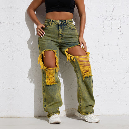 Shascullfites Melody Yellow Wash Streetwear Split Loose Straight Jeans Y2K Ripped Retro Women Denim Pants