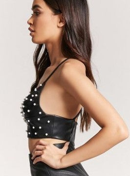 Simplee Pu leather pearl crop top women Strap backless camisoles tanks Summer style streetwear cropped sexy top female