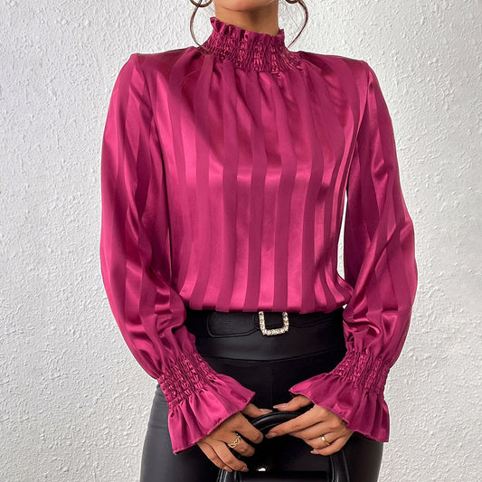 Women's Loose Long Sleeve Satin Smooth Turtleneck Shirt