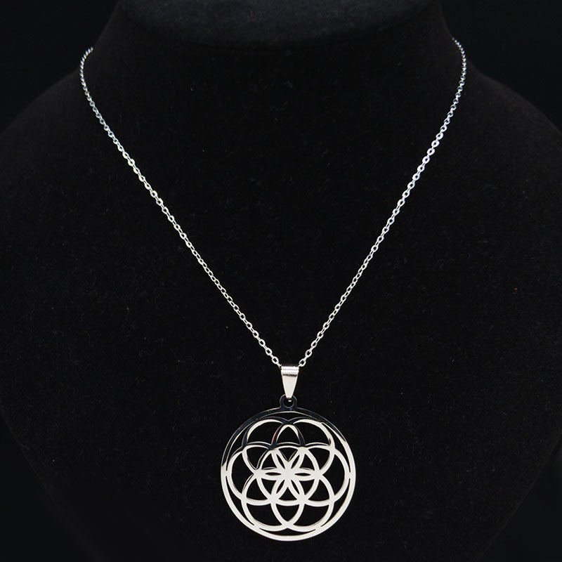 Hollow Circle Ring Pendant Flower Of Life Sacred Geometric Clavicle Chain Necklace