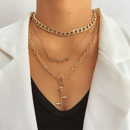 Rose Layered Retro Metal 3-layer OT Buckle Necklace