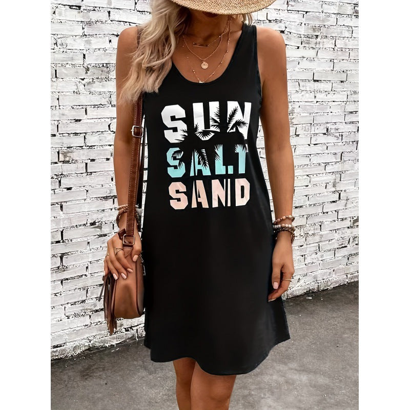 Knitted Printed Round Neck Sleeveless Simple All-match Dress