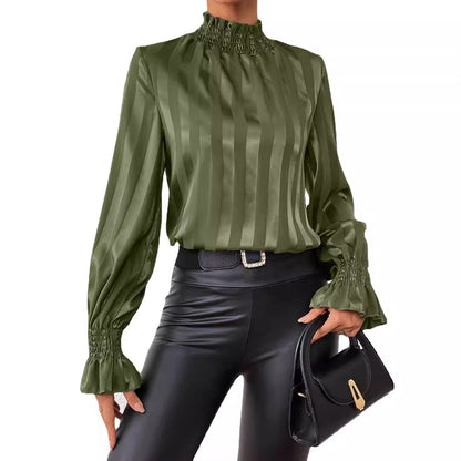 Women's Loose Long Sleeve Satin Smooth Turtleneck Shirt