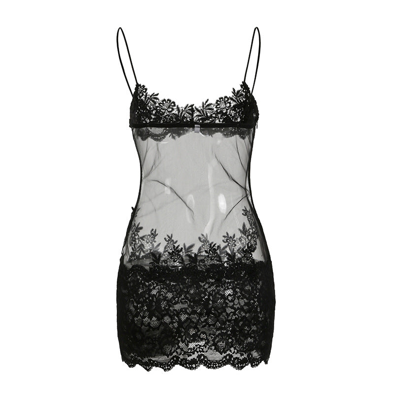 Lace Stitching See-through Mesh Camisole Dress