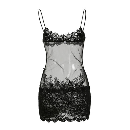 Lace Stitching See-through Mesh Camisole Dress