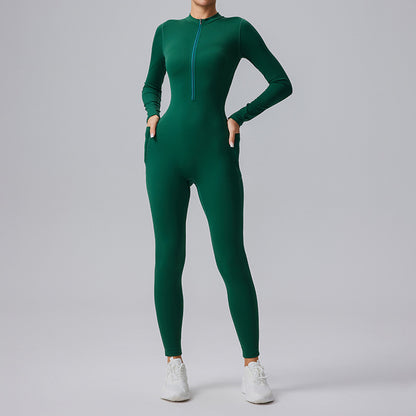 Women's Solid Color Casual Half Long-sleeve Zipper Jumpsuit