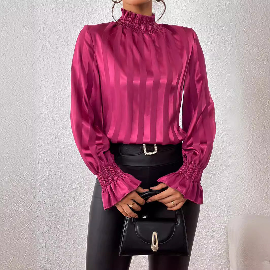 Women's Loose Long Sleeve Satin Smooth Turtleneck Shirt