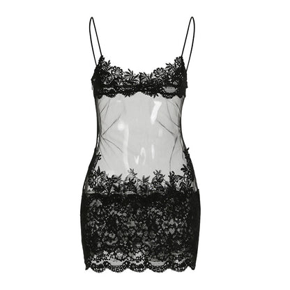 Lace Stitching See-through Mesh Camisole Dress