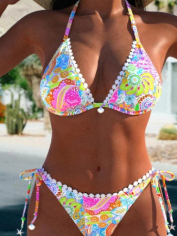 Women's Bikini Split Swimsuit Printed Tether