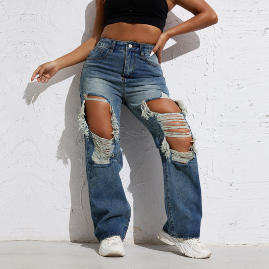 Shascullfites Melody Blue Wash Ripped Retro Stright Leg Jeans Women's Pants Denim Pants Jeans Wide Streetwear