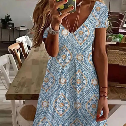 Women's Flower Plain Printed V-neck Casual Dress