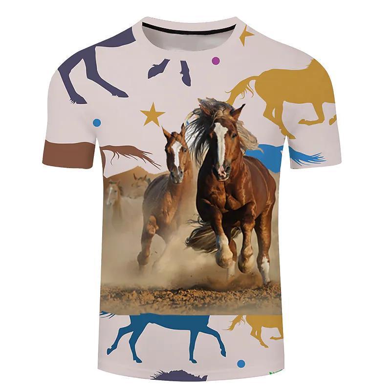 Men's 3d Horse Printed T-shirt Riding Crew Neck Short Sleeve Streetwear Hip Hop Trend