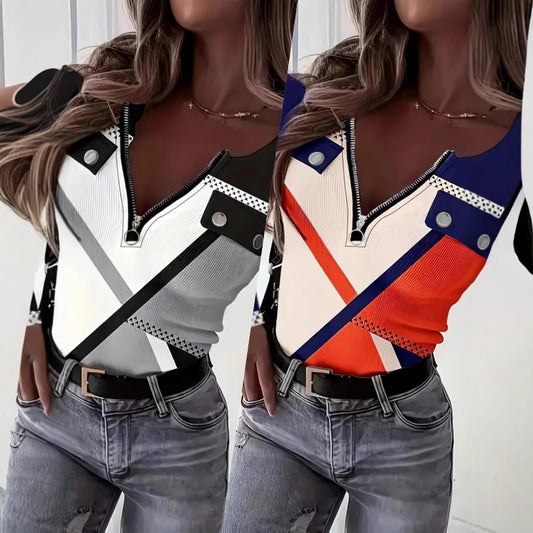 V-collar Contrast Color Printed Slim-fit Pullover Zipper Top