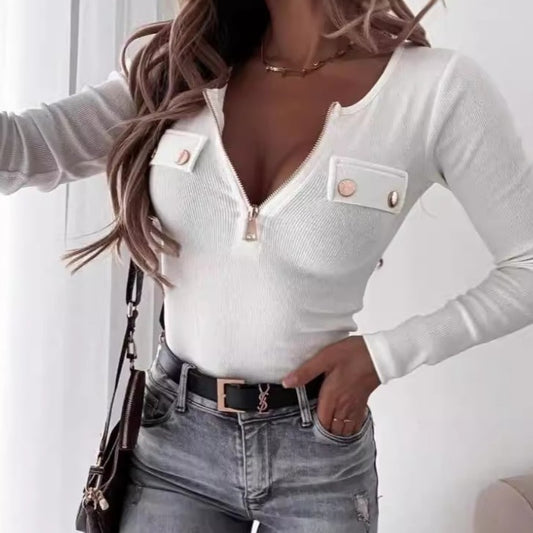 Knitted Slim-fit Long-sleeved Pullover Zipper Top