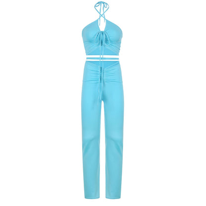 Streetwear Sexy Bandage Blue Suits 2000s Fashion Drawstring Halter Top And High Waist Flare Pants 2 Piece Set