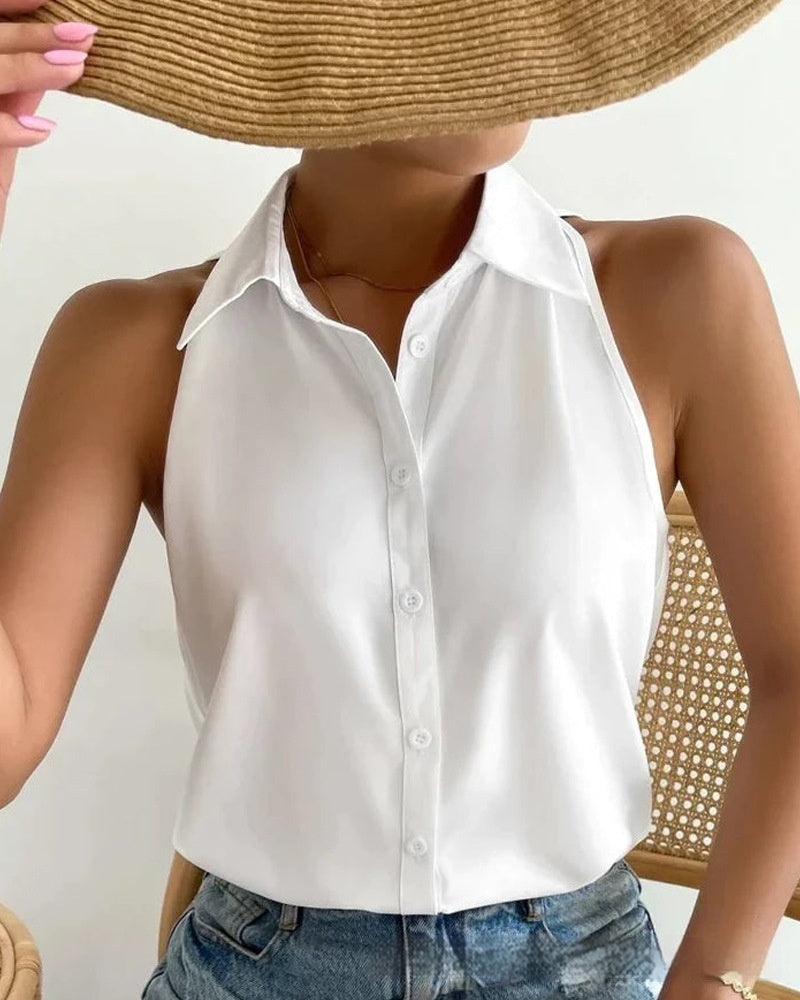 White Fold Collar Sleeveless Shirt