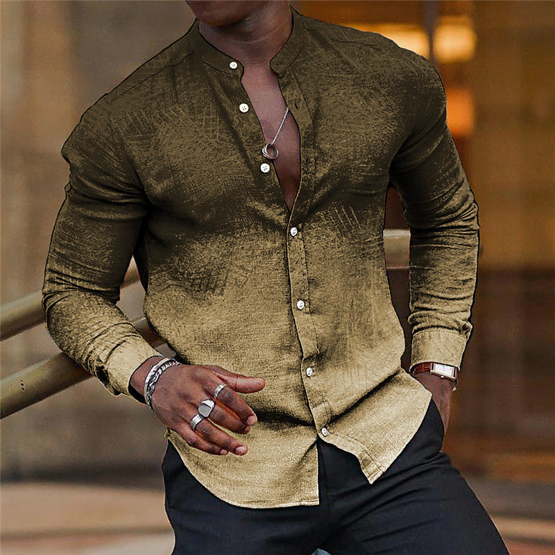 Gradient Men's Casual Long Sleeve Stand Collar Shirt