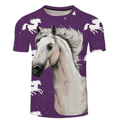 Men's 3d Horse Printed T-shirt Riding Crew Neck Short Sleeve Streetwear Hip Hop Trend